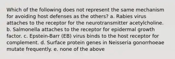 Which of the following does not represent the same mechanism for avoiding host defenses as the others? a. Rabies virus attaches to the receptor for the neurotransmitter acetylcholine. b. Salmonella attaches to the receptor for epidermal growth factor. c. Epstein-Barr (EB) virus binds to the host receptor for complement. d. Surface protein genes in Neisseria gonorrhoeae mutate frequently. e. none of the above