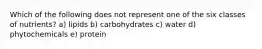 Which of the following does not represent one of the six classes of nutrients? a) lipids b) carbohydrates c) water d) phytochemicals e) protein