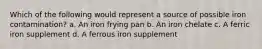 Which of the following would represent a source of possible iron contamination? a. An iron frying pan b. An iron chelate c. A ferric iron supplement d. A ferrous iron supplement