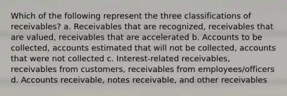 Which of the following represent the three classifications of receivables? a. Receivables that are recognized, receivables that are valued, receivables that are accelerated b. Accounts to be collected, accounts estimated that will not be collected, accounts that were not collected c. Interest-related receivables, receivables from customers, receivables from employees/officers d. Accounts receivable, notes receivable, and other receivables