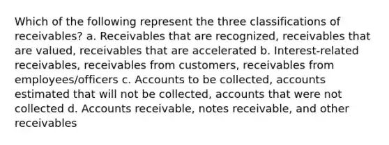 Which of the following represent the three classifications of receivables? a. Receivables that are recognized, receivables that are valued, receivables that are accelerated b. Interest-related receivables, receivables from customers, receivables from employees/officers c. Accounts to be collected, accounts estimated that will not be collected, accounts that were not collected d. Accounts receivable, notes receivable, and other receivables