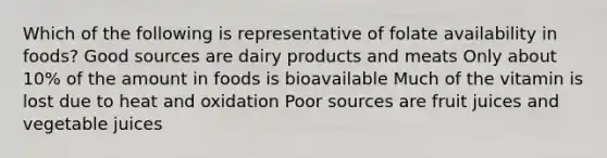 Which of the following is representative of folate availability in foods? Good sources are dairy products and meats Only about 10% of the amount in foods is bioavailable Much of the vitamin is lost due to heat and oxidation Poor sources are fruit juices and vegetable juices