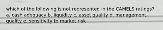 which of the following is not represented in the CAMELS ratings? a. cash adequacy b. liquidity c. asset quality d. management quality e. sensitivity to market risk