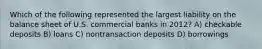 Which of the following represented the largest liability on the balance sheet of U.S. commercial banks in 2012? A) checkable deposits B) loans C) nontransaction deposits D) borrowings