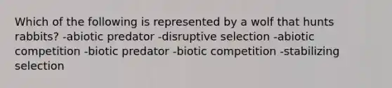 Which of the following is represented by a wolf that hunts rabbits? -abiotic predator -disruptive selection -abiotic competition -biotic predator -biotic competition -stabilizing selection