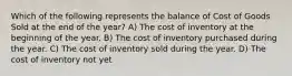 Which of the following represents the balance of Cost of Goods Sold at the end of the year? A) The cost of inventory at the beginning of the year. B) The cost of inventory purchased during the year. C) The cost of inventory sold during the year. D) The cost of inventory not yet