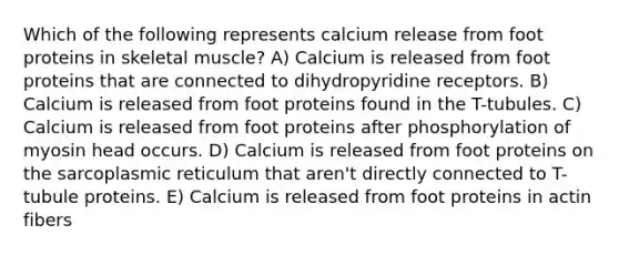 Which of the following represents calcium release from foot proteins in skeletal muscle? A) Calcium is released from foot proteins that are connected to dihydropyridine receptors. B) Calcium is released from foot proteins found in the T-tubules. C) Calcium is released from foot proteins after phosphorylation of myosin head occurs. D) Calcium is released from foot proteins on the sarcoplasmic reticulum that aren't directly connected to T-tubule proteins. E) Calcium is released from foot proteins in actin fibers