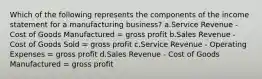 Which of the following represents the components of the income statement for a manufacturing business? a.Service Revenue - Cost of Goods Manufactured = gross profit b.Sales Revenue - Cost of Goods Sold = gross profit c.Service Revenue - Operating Expenses = gross profit d.Sales Revenue - Cost of Goods Manufactured = gross profit