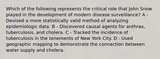 Which of the following represents the critical role that John Snow played in the development of modern disease surveillance? A - Devised a more statistically valid method of analyzing epidemiologic data. B - Discovered causal agents for anthrax, tuberculosis, and cholera. C - Tracked the incidence of tuberculosis in the tenements of New York City. D - Used geographic mapping to demonstrate the connection between water supply and cholera.