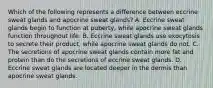 Which of the following represents a difference between eccrine sweat glands and apocrine sweat glands? A. Eccrine sweat glands begin to function at puberty, while apocrine sweat glands function throughout life. B. Eccrine sweat glands use exocytosis to secrete their product, while apocrine sweat glands do not. C. The secretions of apocrine sweat glands contain more fat and protein than do the secretions of eccrine sweat glands. D. Eccrine sweat glands are located deeper in the dermis than apocrine sweat glands.