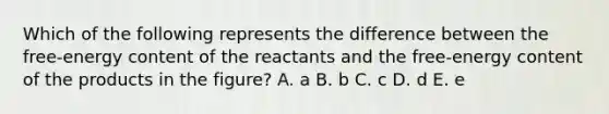 Which of the following represents the difference between the free-energy content of the reactants and the free-energy content of the products in the figure? A. a B. b C. c D. d E. e