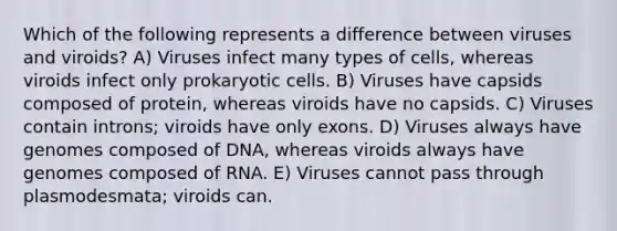 Which of the following represents a difference between viruses and viroids? A) Viruses infect many types of cells, whereas viroids infect only prokaryotic cells. B) Viruses have capsids composed of protein, whereas viroids have no capsids. C) Viruses contain introns; viroids have only exons. D) Viruses always have genomes composed of DNA, whereas viroids always have genomes composed of RNA. E) Viruses cannot pass through plasmodesmata; viroids can.