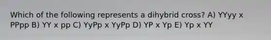 Which of the following represents a dihybrid cross? A) YYyy x PPpp B) YY x pp C) YyPp x YyPp D) YP x Yp E) Yp x YY