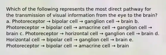 Which of the following represents the most direct pathway for the transmission of visual information from the eye to the brain? a. Photoreceptor → bipolar cell → ganglion cell → brain b. Photoreceptor → bipolar cell → amacrine cell → ganglion cell → brain c. Photoreceptor → horizontal cell → ganglion cell → brain d. Horizontal cell → bipolar cell → ganglion cell → brain e. Photoreceptor → bipolar cell → amacrine cell → brain