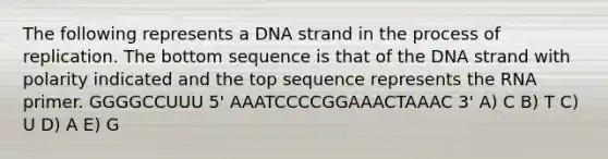 The following represents a DNA strand in the process of replication. The bottom sequence is that of the DNA strand with polarity indicated and the top sequence represents the RNA primer. GGGGCCUUU 5' AAATCCCCGGAAACTAAAC 3' A) C B) T C) U D) A E) G