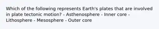 Which of the following represents Earth's plates that are involved in plate tectonic motion? - Asthenosphere - Inner core - Lithosphere - Mesosphere - Outer core