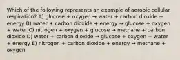 Which of the following represents an example of aerobic cellular respiration? A) glucose + oxygen → water + carbon dioxide + energy B) water + carbon dioxide + energy → glucose + oxygen + water C) nitrogen + oxygen + glucose → methane + carbon dioxide D) water + carbon dioxide → glucose + oxygen + water + energy E) nitrogen + carbon dioxide + energy → methane + oxygen