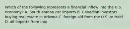 Which of the following represents a financial inflow into the U.S. economy? A. South Korean car imports B. Canadian investors buying real estate in Arizona C. foreign aid from the U.S. to Haiti D. oil imports from Iraq