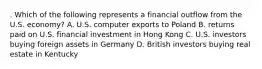 . Which of the following represents a financial outflow from the U.S. economy? A. U.S. computer exports to Poland B. returns paid on U.S. financial investment in Hong Kong C. U.S. investors buying foreign assets in Germany D. British investors buying real estate in Kentucky