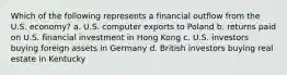 Which of the following represents a financial outflow from the U.S. economy? a. U.S. computer exports to Poland b. returns paid on U.S. financial investment in Hong Kong c. U.S. investors buying foreign assets in Germany d. British investors buying real estate in Kentucky