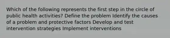 Which of the following represents the first step in the circle of public health activities? Define the problem Identify the causes of a problem and protective factors Develop and test intervention strategies Implement interventions