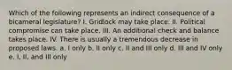 Which of the following represents an indirect consequence of a bicameral legislature? I. Gridlock may take place. II. Political compromise can take place. III. An additional check and balance takes place. IV. There is usually a tremendous decrease in proposed laws. a. I only b. II only c. II and III only d. III and IV only e. I, II, and III only