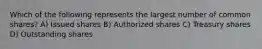 Which of the following represents the largest number of common shares? A) Issued shares B) Authorized shares C) Treasury shares D) Outstanding shares