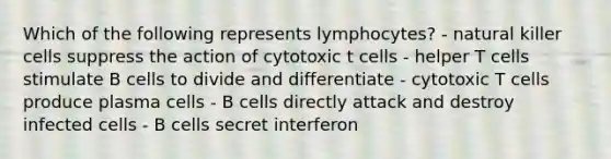 Which of the following represents lymphocytes? - natural killer cells suppress the action of cytotoxic t cells - helper T cells stimulate B cells to divide and differentiate - cytotoxic T cells produce plasma cells - B cells directly attack and destroy infected cells - B cells secret interferon