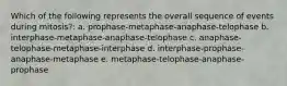 Which of the following represents the overall sequence of events during mitosis?: a. prophase-metaphase-anaphase-telophase b. interphase-metaphase-anaphase-telophase c. anaphase-telophase-metaphase-interphase d. interphase-prophase-anaphase-metaphase e. metaphase-telophase-anaphase-prophase