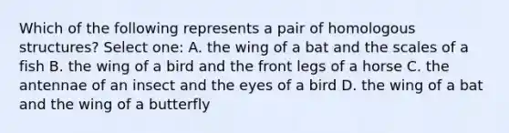 Which of the following represents a pair of homologous structures? Select one: A. the wing of a bat and the scales of a fish B. the wing of a bird and the front legs of a horse C. the antennae of an insect and the eyes of a bird D. the wing of a bat and the wing of a butterfly