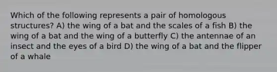 Which of the following represents a pair of homologous structures? A) the wing of a bat and the scales of a fish B) the wing of a bat and the wing of a butterfly C) the antennae of an insect and the eyes of a bird D) the wing of a bat and the flipper of a whale