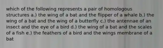 which of the following represents a pair of homologous structures a.) the wing of a bat and the flipper of a whale b.) the wing of a bat and the wing of a butterfly c.) the antennae of an insect and the eye of a bird d.) the wing of a bat and the scales of a fish e.) the feathers of a bird and the wings membrane of a bat