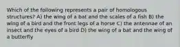 Which of the following represents a pair of homologous structures? A) the wing of a bat and the scales of a fish B) the wing of a bird and the front legs of a horse C) the antennae of an insect and the eyes of a bird D) the wing of a bat and the wing of a butterfly