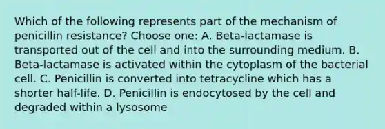 Which of the following represents part of the mechanism of penicillin resistance? Choose one: A. Beta-lactamase is transported out of the cell and into the surrounding medium. B. Beta-lactamase is activated within the cytoplasm of the bacterial cell. C. Penicillin is converted into tetracycline which has a shorter half-life. D. Penicillin is endocytosed by the cell and degraded within a lysosome