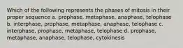 Which of the following represents the phases of mitosis in their proper sequence a. prophase, metaphase, anaphase, telophase b. interphase, prophase, metaphase, anaphase, telophase c. interphase, prophase, metaphase, telophase d. prophase, metaphase, anaphase, telophase, cytokinesis