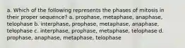 a. Which of the following represents the phases of mitosis in their proper sequence? a. prophase, metaphase, anaphase, telophase b. interphase, prophase, metaphase, anaphase, telophase c. interphase, prophase, metaphase, telophase d. prophase, anaphase, metaphase, telophase