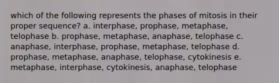 which of the following represents the phases of mitosis in their proper sequence? a. interphase, prophase, metaphase, telophase b. prophase, metaphase, anaphase, telophase c. anaphase, interphase, prophase, metaphase, telophase d. prophase, metaphase, anaphase, telophase, cytokinesis e. metaphase, interphase, cytokinesis, anaphase, telophase