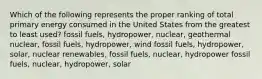 Which of the following represents the proper ranking of total primary energy consumed in the United States from the greatest to least used? fossil fuels, hydropower, nuclear, geothermal nuclear, fossil fuels, hydropower, wind fossil fuels, hydropower, solar, nuclear renewables, fossil fuels, nuclear, hydropower fossil fuels, nuclear, hydropower, solar