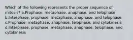 Which of the following represents the proper sequence of mitosis? a.Prophase, metaphase, anaphase, and telophase b.Interphase, prophase, metaphase, anaphase, and telophase c.Prophase, metaphase, anaphase, telophase, and cytokinesis d.Interphase, prophase, metaphase, anaphase, telophase, and cytokinesis