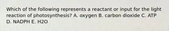 Which of the following represents a reactant or input for the light reaction of photosynthesis? A. oxygen B. carbon dioxide C. ATP D. NADPH E. H2O