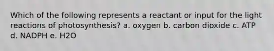 Which of the following represents a reactant or input for the light reactions of photosynthesis? a. oxygen b. carbon dioxide c. ATP d. NADPH e. H2O