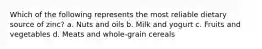 Which of the following represents the most reliable dietary source of zinc? a. Nuts and oils b. Milk and yogurt c. Fruits and vegetables d. Meats and whole-grain cereals