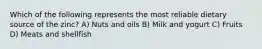 Which of the following represents the most reliable dietary source of the zinc? A) Nuts and oils B) Milk and yogurt C) Fruits D) Meats and shellfish