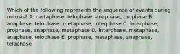 Which of the following represents the sequence of events during mitosis? A. metaphase, telophase, anaphase, prophase B. anaphase, telophase, metaphase, interphase C. interphase, prophase, anaphase, metaphase D. interphase, metaphase, anaphase, telophase E. prophase, metaphase, anaphase, telophase