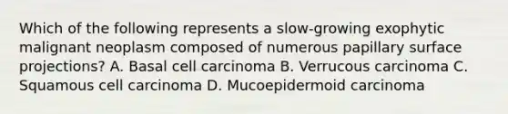 Which of the following represents a slow-growing exophytic malignant neoplasm composed of numerous papillary surface projections? A. Basal cell carcinoma B. Verrucous carcinoma C. Squamous cell carcinoma D. Mucoepidermoid carcinoma