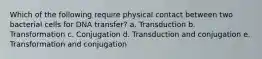 Which of the following require physical contact between two bacterial cells for DNA transfer? a. Transduction b. Transformation c. Conjugation d. Transduction and conjugation e. Transformation and conjugation