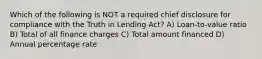 Which of the following is NOT a required chief disclosure for compliance with the Truth in Lending Act? A) Loan-to-value ratio B) Total of all finance charges C) Total amount financed D) Annual percentage rate