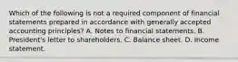 Which of the following is not a required component of financial statements prepared in accordance with generally accepted accounting principles? A. Notes to financial statements. B. President's letter to shareholders. C. Balance sheet. D. Income statement.