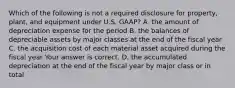 Which of the following is not a required disclosure for​ property, plant, and equipment under U.S.​ GAAP? A. the amount of depreciation expense for the period B. the balances of depreciable assets by major classes at the end of the fiscal year C. the acquisition cost of each material asset acquired during the fiscal year Your answer is correct. D. the accumulated depreciation at the end of the fiscal year by major class or in total