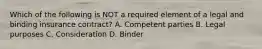 Which of the following is NOT a required element of a legal and binding insurance contract? A. Competent parties B. Legal purposes C. Consideration D. Binder